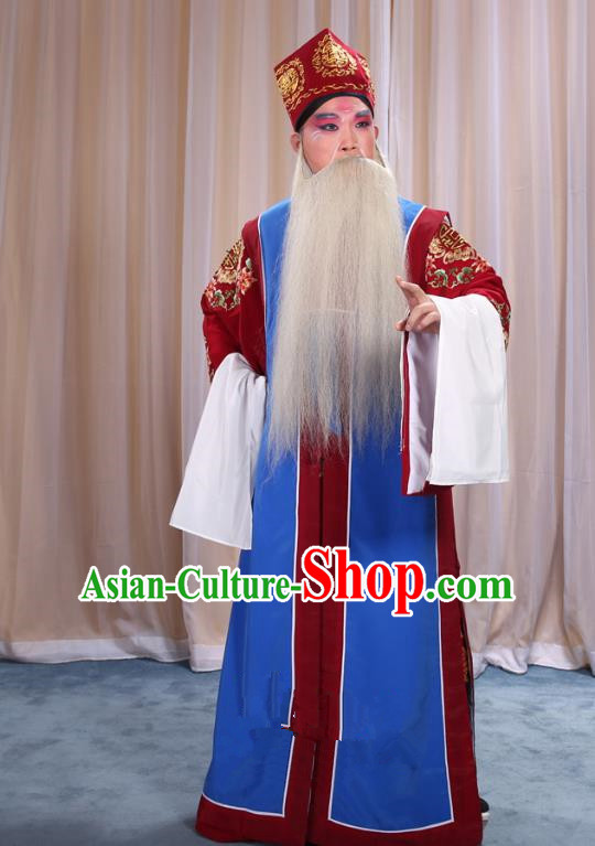 Top Grade Professional Beijing Opera Old Men Costume Long Blue Waistcoat, Traditional Ancient Chinese Peking Opera Laosheng-role Ministry Councillor Clothing