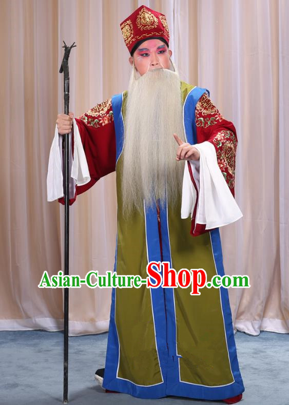 Top Grade Professional Beijing Opera Old Men Costume Long Green Waistcoat, Traditional Ancient Chinese Peking Opera Laosheng-role Ministry Councillor Clothing