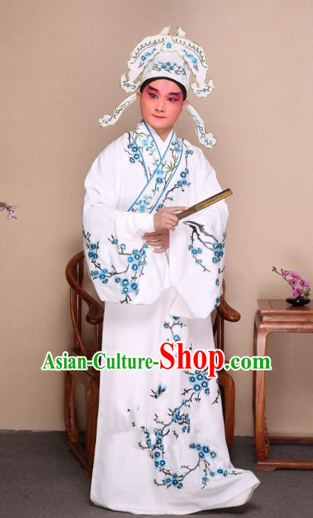 Top Grade Professional Beijing Opera Niche Costume Gifted Scholar White Embroidered Wintersweet Robe, Traditional Ancient Chinese Peking Opera Embroidery Clothing