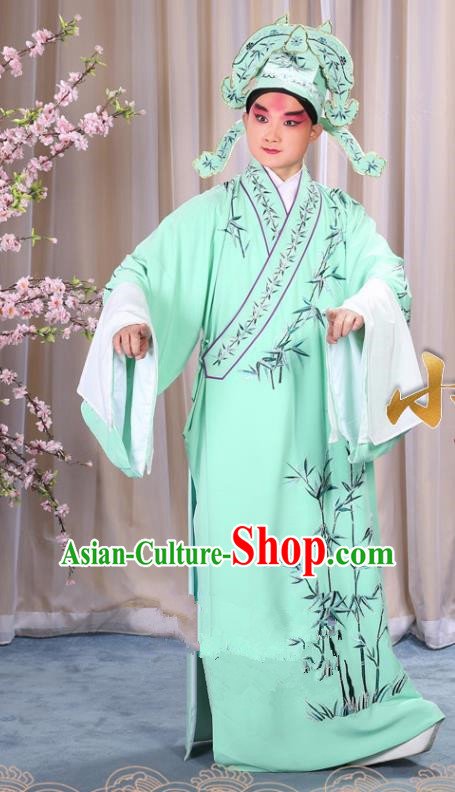 China Beijing Opera Niche Costume Gifted Scholar Embroidered Bamboo Green Robe and Headwear, Traditional Ancient Chinese Peking Opera Embroidery Clothing