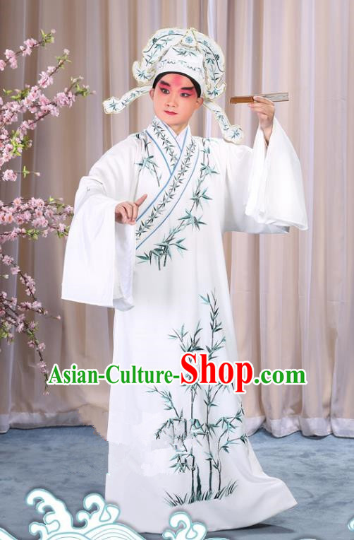 China Beijing Opera Niche Costume Gifted Scholar Embroidered Bamboo White Robe and Headwear, Traditional Ancient Chinese Peking Opera Embroidery Clothing