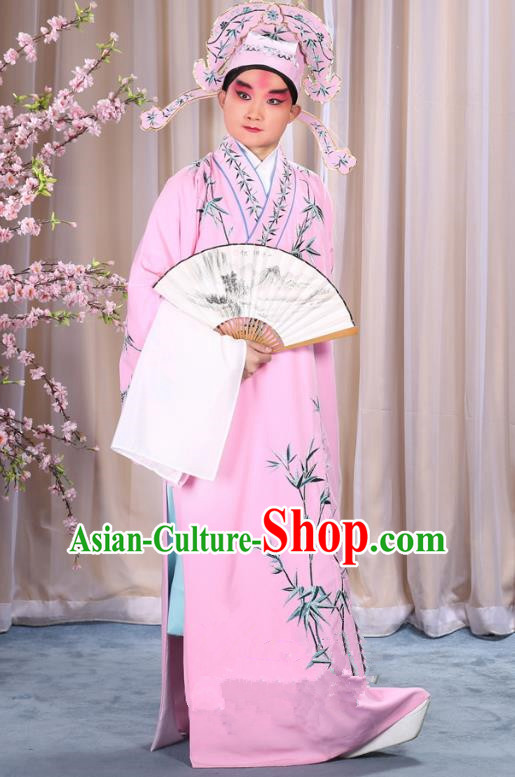 China Beijing Opera Niche Costume Gifted Scholar Embroidered Bamboo Pink Robe and Headwear, Traditional Ancient Chinese Peking Opera Embroidery Clothing