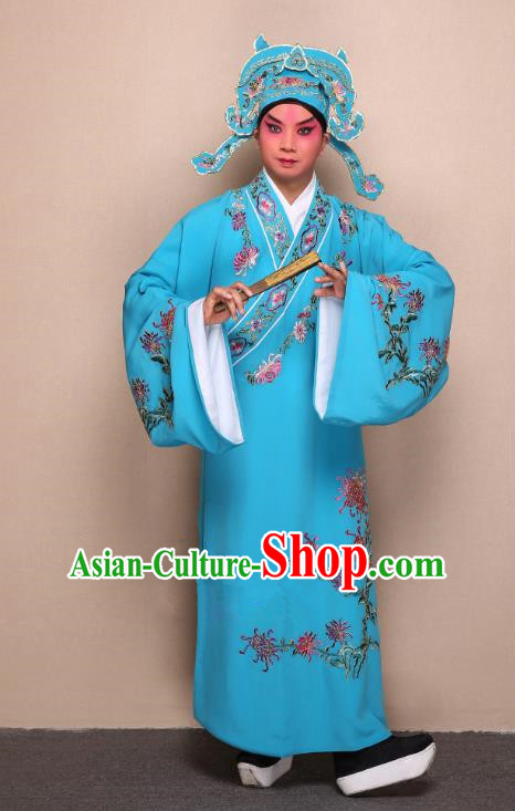 Top Grade Professional Beijing Opera Niche Costume Gifted Scholar Blue Embroidered Chrysanthemum Robe, Traditional Ancient Chinese Peking Opera Embroidery Clothing