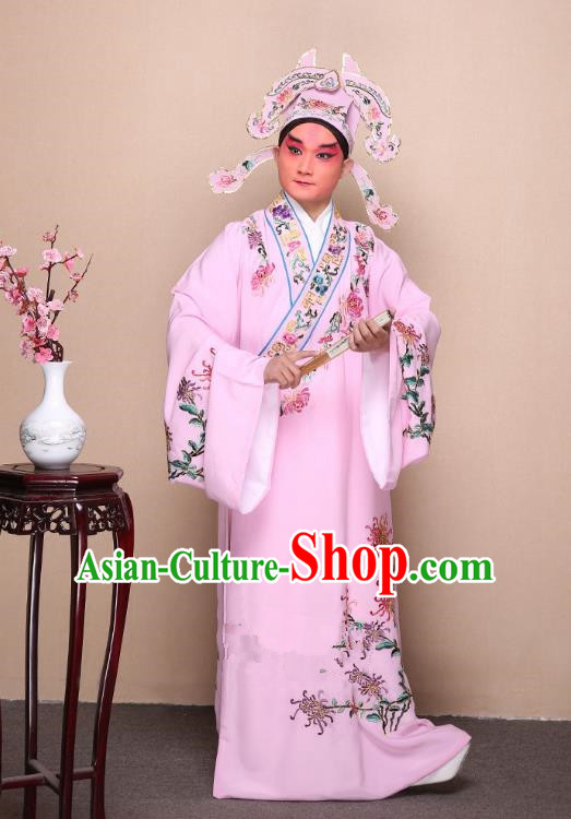Top Grade Professional Beijing Opera Niche Costume Gifted Scholar Pink Embroidered Chrysanthemum Robe, Traditional Ancient Chinese Peking Opera Embroidery Clothing