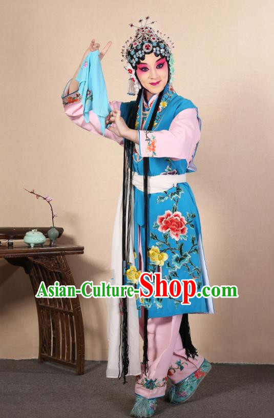 Top Grade Professional Beijing Opera Diva Costume Young Lady Deep Blue Embroidered Waistcoat, Traditional Ancient Chinese Peking Opera Princess Embroidery Dress Clothing