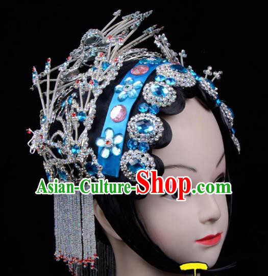 Traditional China Beijing Opera Palace Princess Hair Accessories Blue Crystal Head-ornaments Complete Set, Ancient Chinese Peking Opera Tassel Step Shake Women Hairpins Diva Kanzashi Headwear