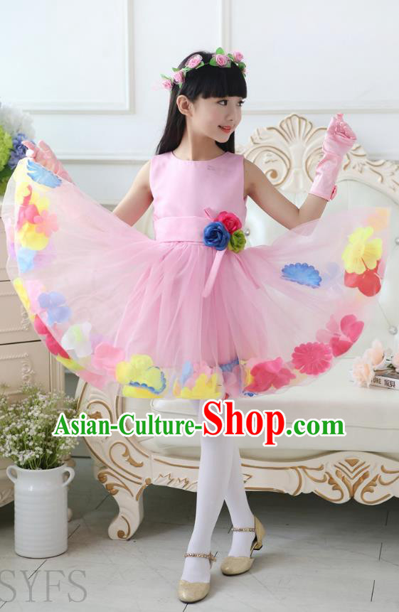 Top Grade Chinese Compere Professional Performance Catwalks Costume, Children Flowers Bubble Dress Modern Dance Pink Dress for Girls Kids