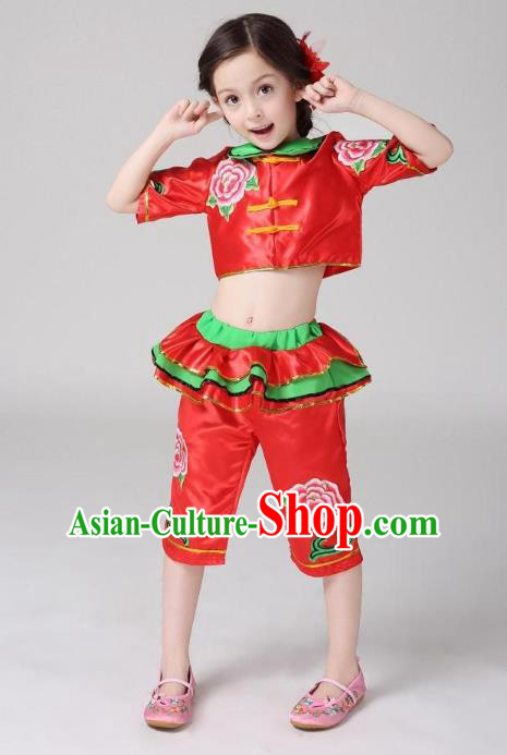 Traditional Chinese Classical Dance Yangge Fan Dance Costume, Children Folk Dance Drum Dance Uniform Yangko Red Clothing for Kids