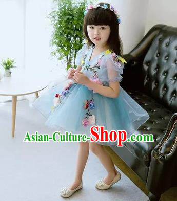 Top Grade Chinese Compere Professional Performance Catwalks Costume, Children Flower Faerie Blue Veil Bubble Dress Modern Dance Dress for Girls Kids