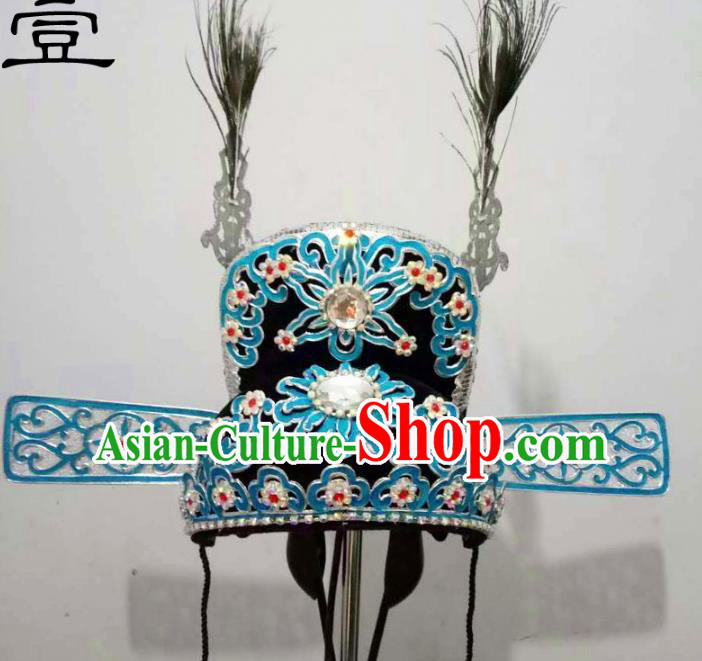 Traditional Handmade Chinese Classical Peking Opera Young Men Hat Blue Tuinga, China Beijing Opera Prince Lang Scholar Headpiece Headwear
