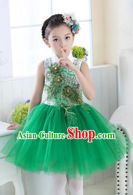 Top Grade Chinese Compere Professional Performance Catwalks Costume, Children Modern Dance Green Veil Bubble Dress for Girls Kids