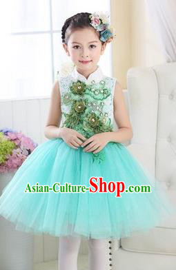 Top Grade Chinese Compere Professional Performance Catwalks Costume, Children Modern Dance Light Blue Veil Bubble Dress for Girls Kids