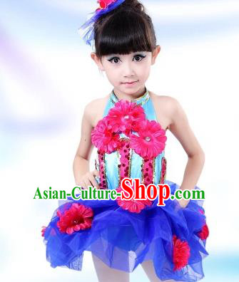 Top Grade Chinese Professional Performance Catwalks Costume, Children Modern Dance Blue Veil Bubble Dress for Girls Kids