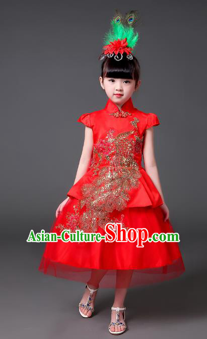 Top Grade Chinese Professional Performance Catwalks Costume, Children Modern Dance Embroidery Peacock Red Veil Bubble Dress for Girls Kids