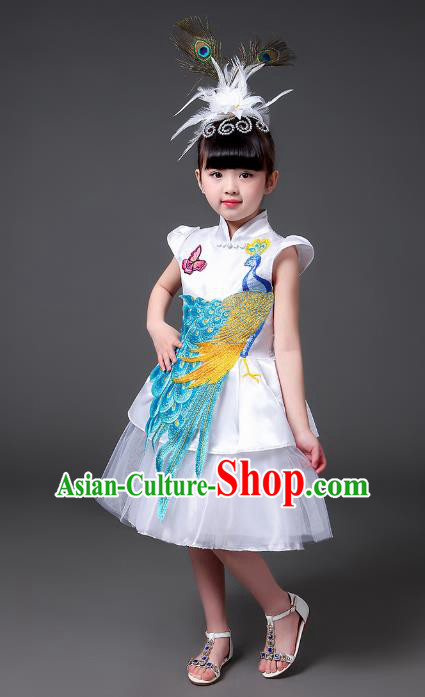 Top Grade Chinese Professional Performance Catwalks Costume, Children Modern Dance Embroidery Peacock White Veil Bubble Dress for Girls Kids