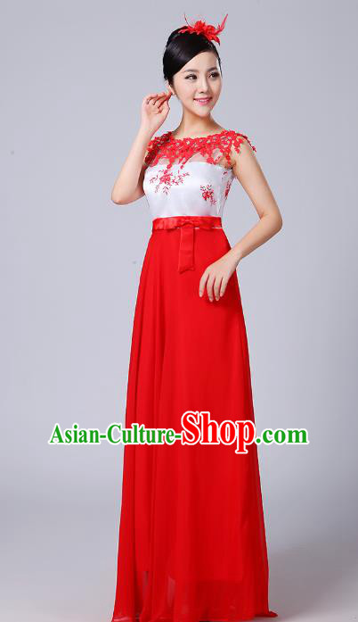 Top Grade Chinese Compere Professional Performance Catwalks Costume, China Chorus Modern Dance Red Dress for Women