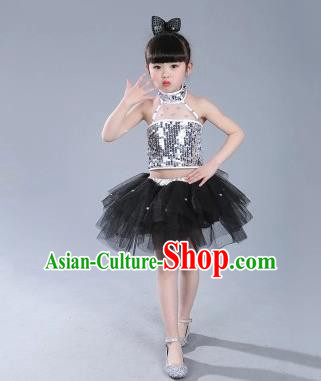 Top Grade Chinese Compere Professional Performance Catwalks Costume, China Jazz Dance Modern Dance Black Veil Princess Dress for Kids