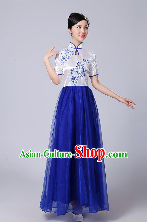 Traditional Chinese Classical Dance Cheongsam Costume, China Folk Dance Blue Veil Long Dress for Women