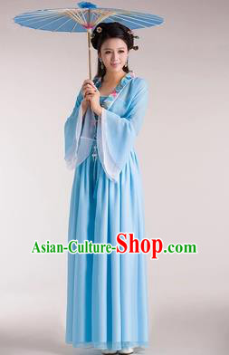 Traditional Chinese Classical Ancient Fairy Costume, China Tang Dynasty Princess Hanfu Blue Dress for Women
