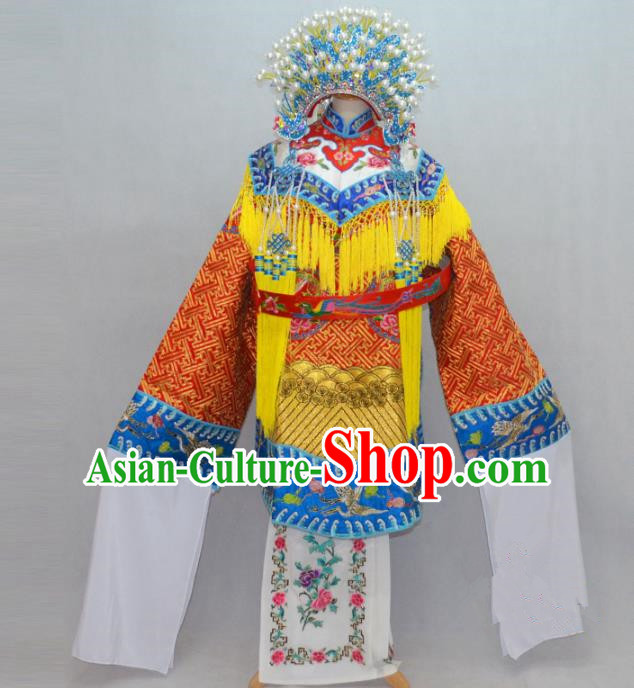 Traditional Chinese Professional Peking Opera Costume Embroidered Robe, China Beijing Opera Imperial Concubine Ceremonial Robe Clothing and Headpiece Phoenix Crown Complete Set