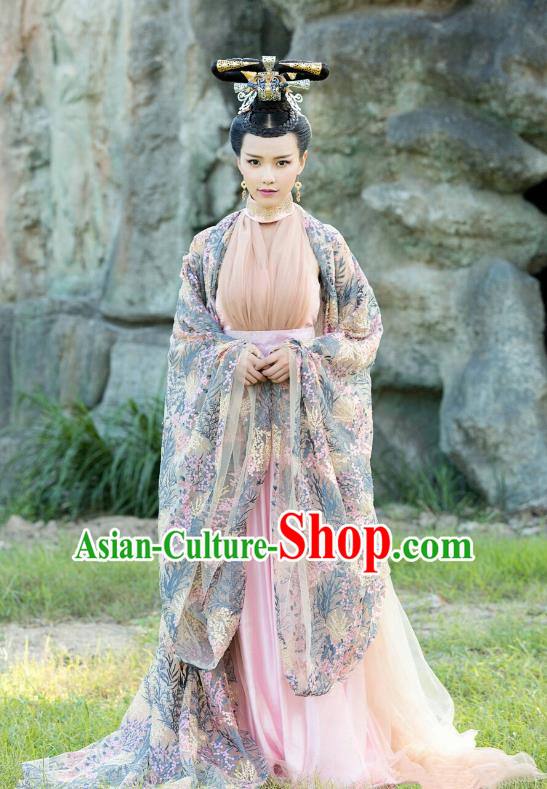Traditional Chinese Tang Dynasty Imperial Concubine Costume and Headpiece Complete Set, China Ancient Hanfu Dress Dowager Embroidery Clothing