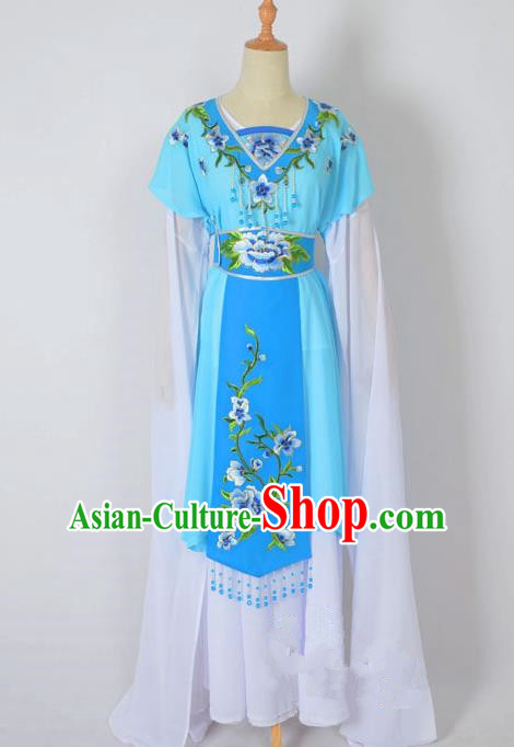 Traditional Chinese Professional Peking Opera Nobility Lady Water Sleeve Costume, China Beijing Opera Shaoxing Opera Royal Princess Embroidery Peony Blue Dress Clothing