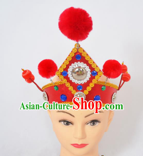 Traditional Handmade Chinese Classical Peking Opera Female General Red Hat, China Beijing Opera Warrior Takefu Headwear