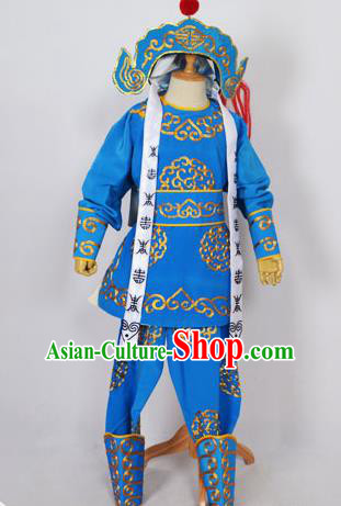 Traditional Chinese Professional Peking Opera Takefu Costume and Headwear, China Beijing Opera Shaoxing Opera Children Niche Warrior Blue Clothing