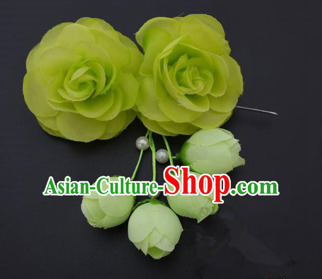 Traditional Handmade Chinese Classical Peking Opera Young Lady Hair Accessories Green Temples Flowers, China Beijing Opera Princess Headwear Tassel Hairpins