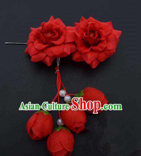Traditional Handmade Chinese Classical Peking Opera Young Lady Hua Tan Hair Accessories Red Temples Flowers, China Beijing Opera Diva Princess Headwear Tassel Hairpins