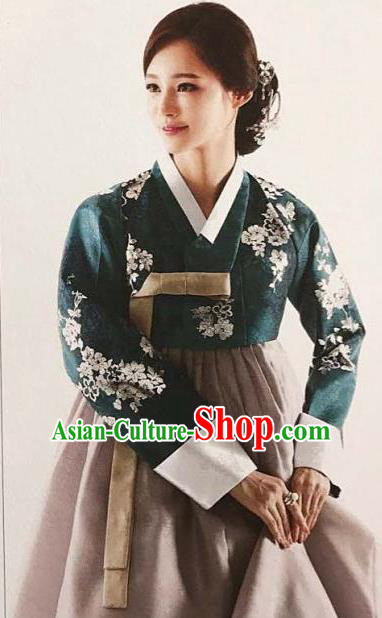 Traditional Korean Handmade Embroidery Bride Hanbok Green Full Dress, Top Grade Korea Hanbok Wedding Costume for Women