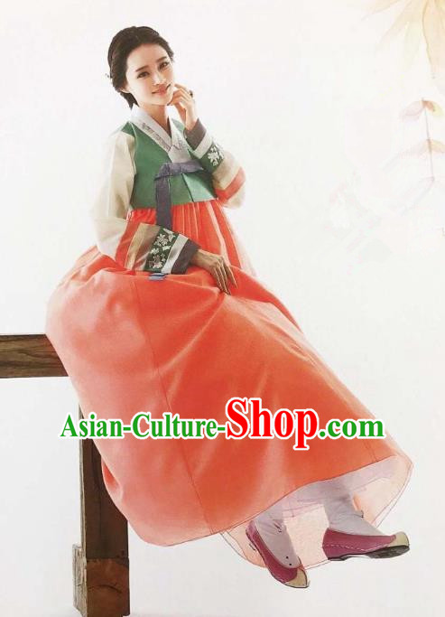 Traditional Korean Handmade Embroidery Bride Hanbok Watermelon Red Full Dress, Top Grade Korea Hanbok Wedding Costume Complete Set for Women