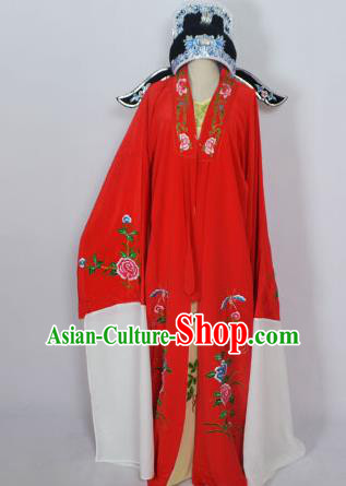 Traditional Chinese Professional Peking Opera Young Men Niche Costume Red Embroidery Robe and Hat, China Beijing Opera Nobility Childe Scholar Embroidered Clothing