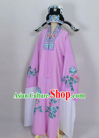 Traditional Chinese Professional Peking Opera Young Men Niche Costume Pink Embroidery Robe and Hat, China Beijing Opera Nobility Childe Scholar Embroidered Clothing