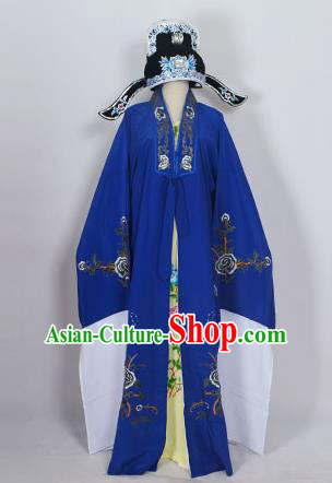 Traditional Chinese Professional Peking Opera Young Men Niche Costume Deep Blue Embroidery Robe and Hat, China Beijing Opera Nobility Childe Scholar Embroidered Clothing