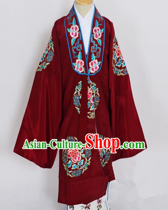 Traditional Chinese Professional Peking Opera Young Lady Costume Wine Red Embroidery Mantel, China Beijing Opera Diva Hua Tan Embroidered Dress Clothing