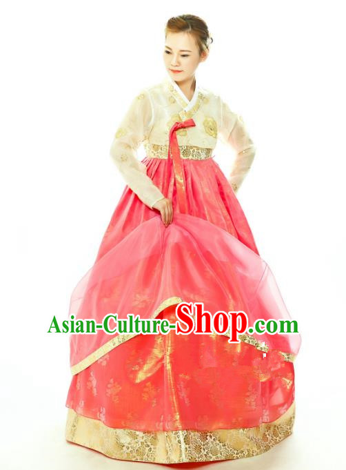 Traditional South Korean Handmade Hanbok Embroidery Watermelon Red Wedding Full Dress, Top Grade Korea Hanbok Bride Costume Complete Set for Women