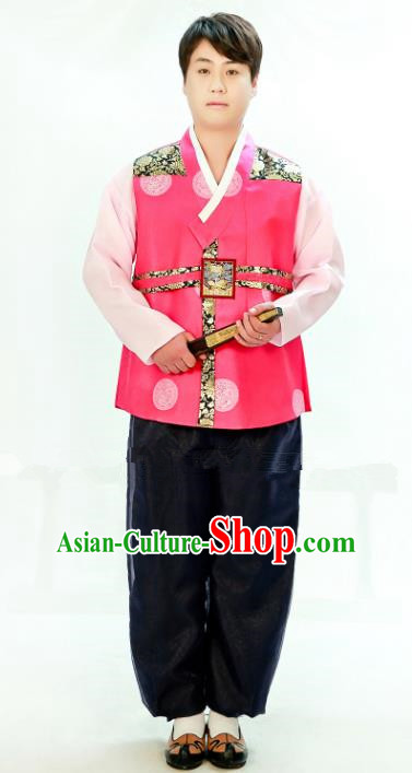 Traditional South Korean Handmade Hanbok Embroidery Bridegroom Wedding Rosy Clothing, Top Grade Korea Hanbok Costume Complete Set for Men