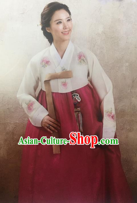 Traditional South Korean Handmade Hanbok Customization Mother Clothing Embroidery Blouse Red Dress, Top Grade Korea Wedding Royal Hanbok Costume for Women