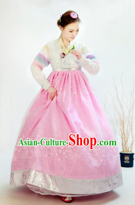 Traditional South Korean Handmade Hanbok Customization Bride Clothing Embroidery Blouse Pink Dress, Top Grade Korea Wedding Royal Hanbok Costume for Women