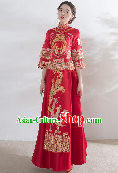 Traditional Ancient Chinese Wedding Costume Xiuhe Suits, Chinese Style Wedding Dress Red Restoring Longfeng Dragon and Phoenix Flown Bride Toast Cheongsam for Women