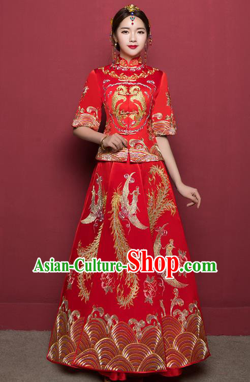 Traditional Ancient Chinese Wedding Costume Embroidery Middle Sleeve Xiuhe Suits, Chinese Style Wedding Dress Red Restoring Longfeng Dragon and Phoenix Flown Bride Toast Cheongsam for Women