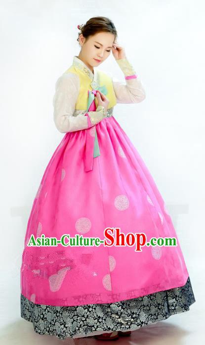 Traditional South Korean Handmade Hanbok Embroidery Wedding Pink Dress, Top Grade Korea Hanbok Bride Costume Complete Set for Women