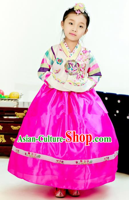 Traditional South Korean Handmade Hanbok Children Birthday Embroidery Beige Blouse Rosy Dress, Top Grade Korea Hanbok Costume Complete Set for Girls