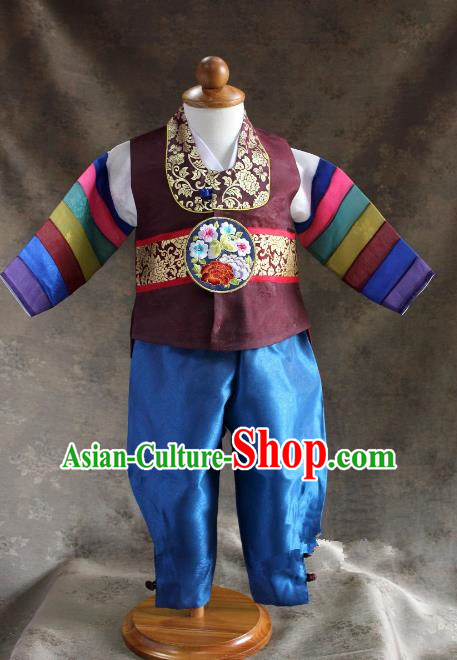 Traditional South Korean Handmade Hanbok Children Little Boys Birthday Customization Embroidery Brown Vest Shirt and Pants, Top Grade Korea Hanbok Costume Complete Set for Kids