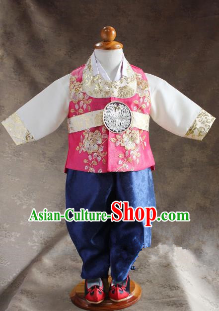 Traditional South Korean Handmade Hanbok Children Little Boys Birthday Customization Embroidery Pink Vest Shirt and Pants, Top Grade Korea Hanbok Costume Complete Set for Kids