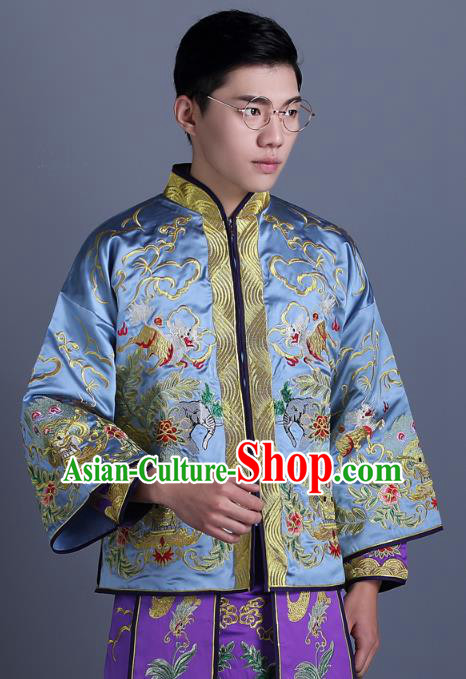 Ancient Chinese Costume Chinese Style Wedding Dress Ancient Embroidery Dragon and Phoenix Blue Flown Groom Toast Clothing Mandarin Jacket For Men