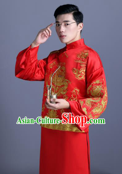 Ancient Chinese Costume Chinese Style Wedding Dress Ancient Embroidery Dragon Shirt, Groom Toast Clothing Mandarin Jacket For Men