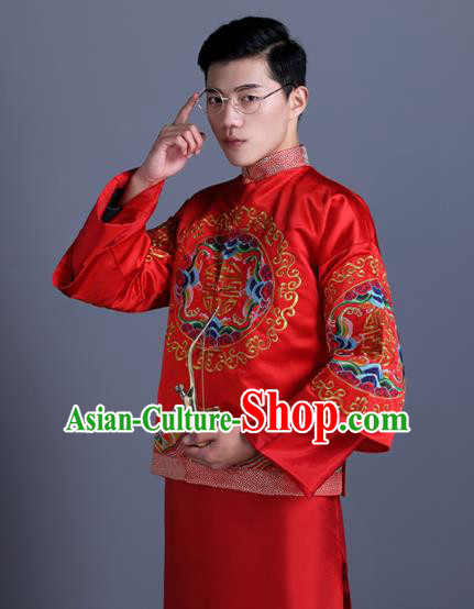 Ancient Chinese Costume Chinese Style Wedding Dress Ancient Embroidery Dragon Upper Outer Garment, Groom Toast Clothing Mandarin Jacket For Men