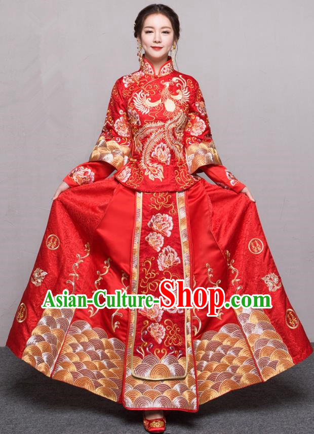 Traditional Ancient Chinese Wedding Costume Handmade Embroidery Peony Xiuhe Suits, Chinese Style Wedding Dress Red Dragon and Phoenix Flown Bride Toast Cheongsam for Women